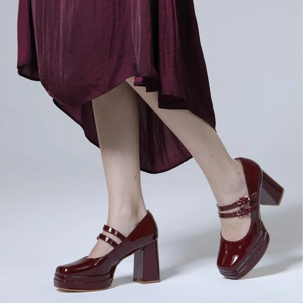 Women's Mary Jane Elegant Burgundy Platform Heels Pumps Retro Chunky 6.5